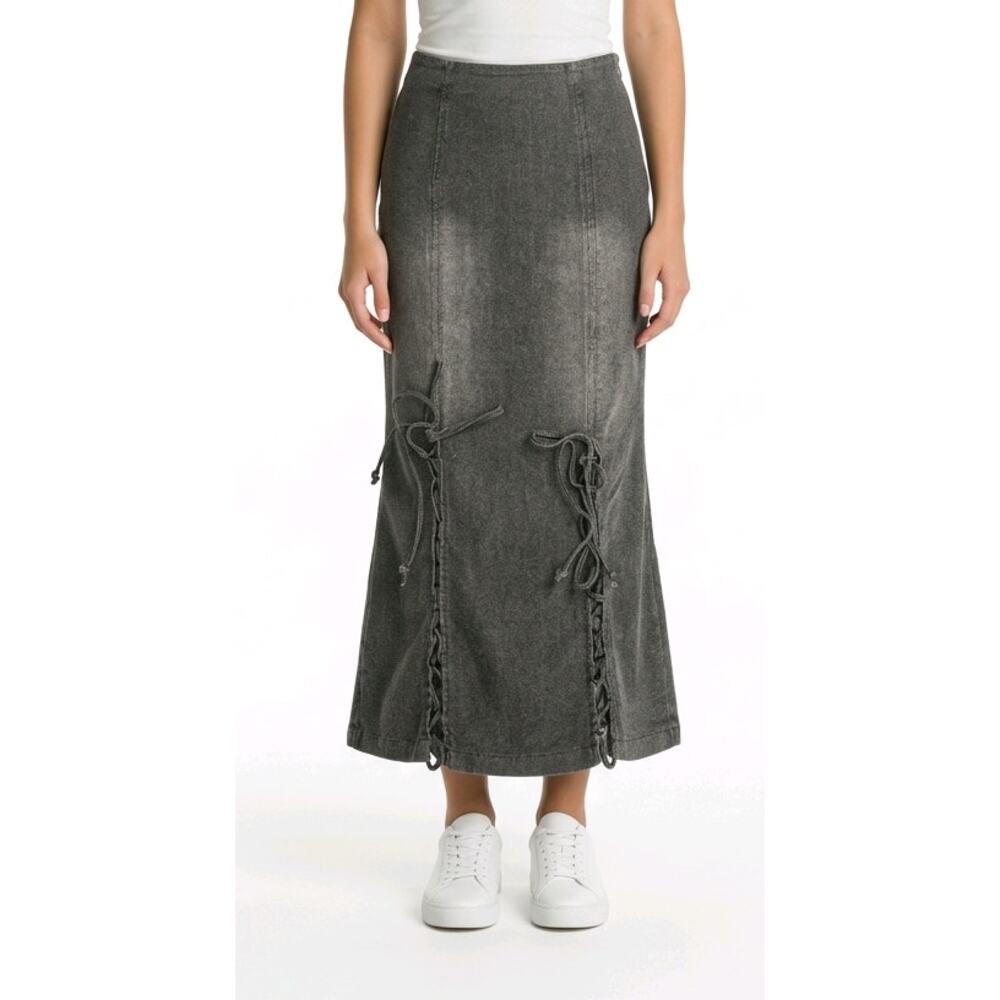 Sweet Rain Boho Washed Dark Gray Denim Laced Up Maxi Skirt Size Medium